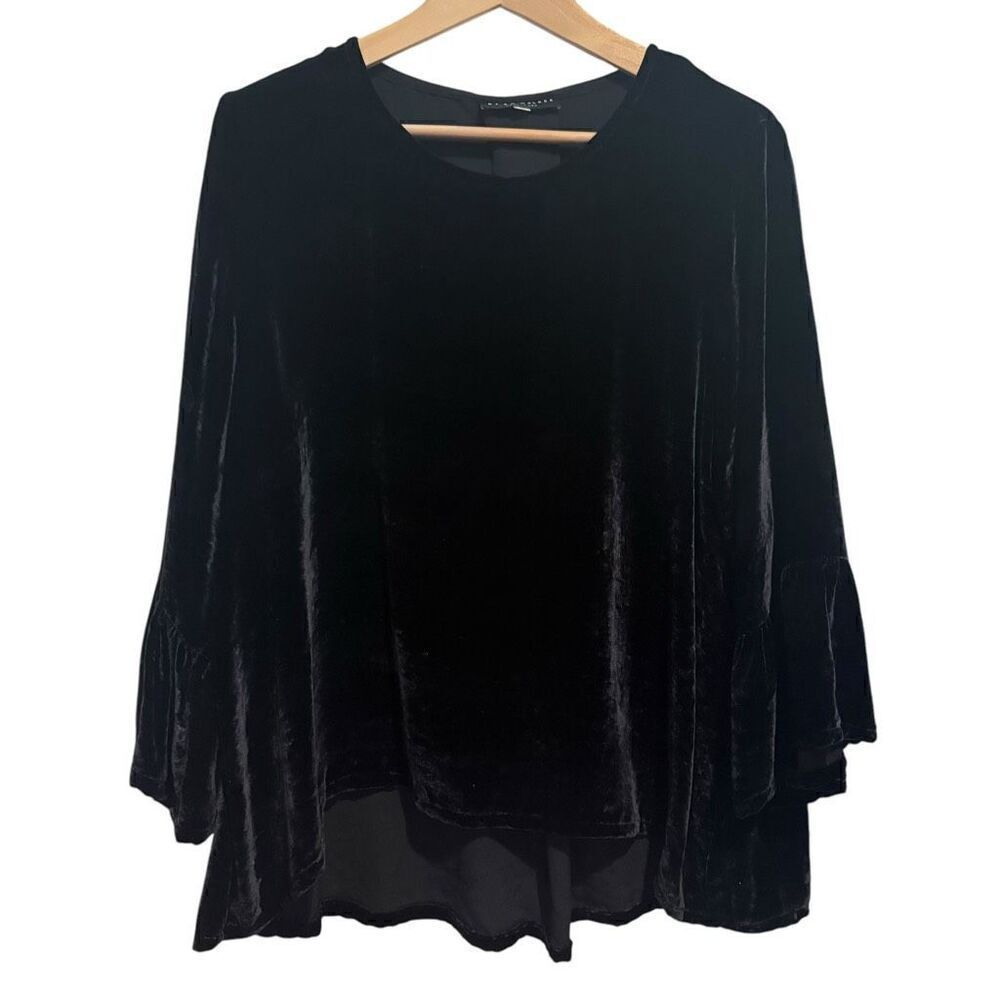 Bryn Walker Silk Blend Velvet Hi Low Ruffle Sleeve Top Black Size L